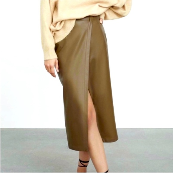 Zara Dresses & Skirts - Zara Vegan Faux Leather Olive Green Pencil Skirt - M split front -viral skirt